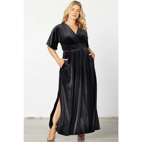 Kiyonna Black Maxi Dress 5X Verona Velvet Pockets Flutter Sleeves Slits Slimming - Picture 2 of 9
